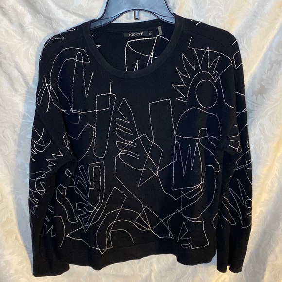 NIC+ZOE Sweaters - Nic + Zoe sweater black with white abstract stitch PL